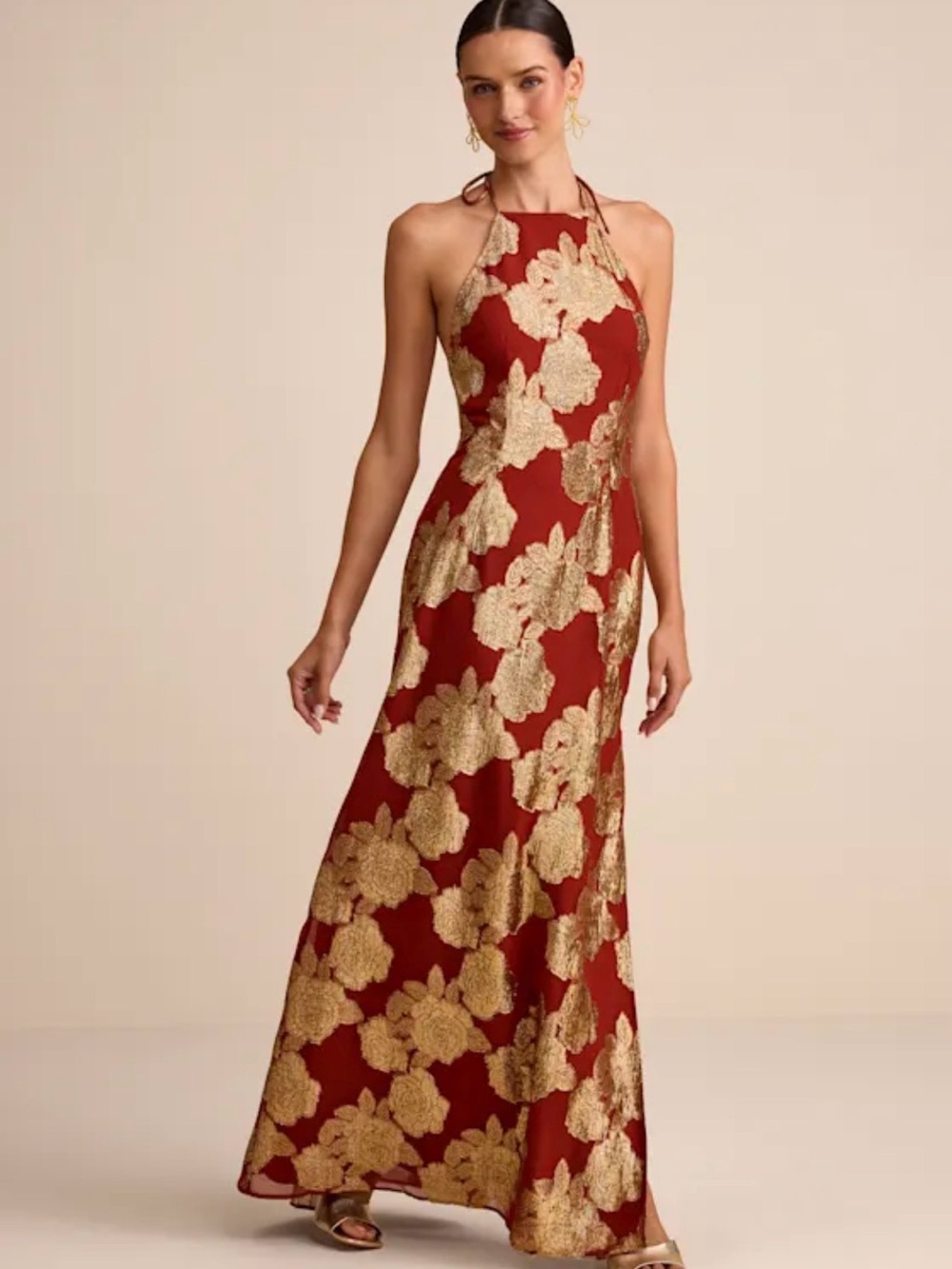 Brinley Rust and Gold Floral Jacquard Halter Maxi Dress